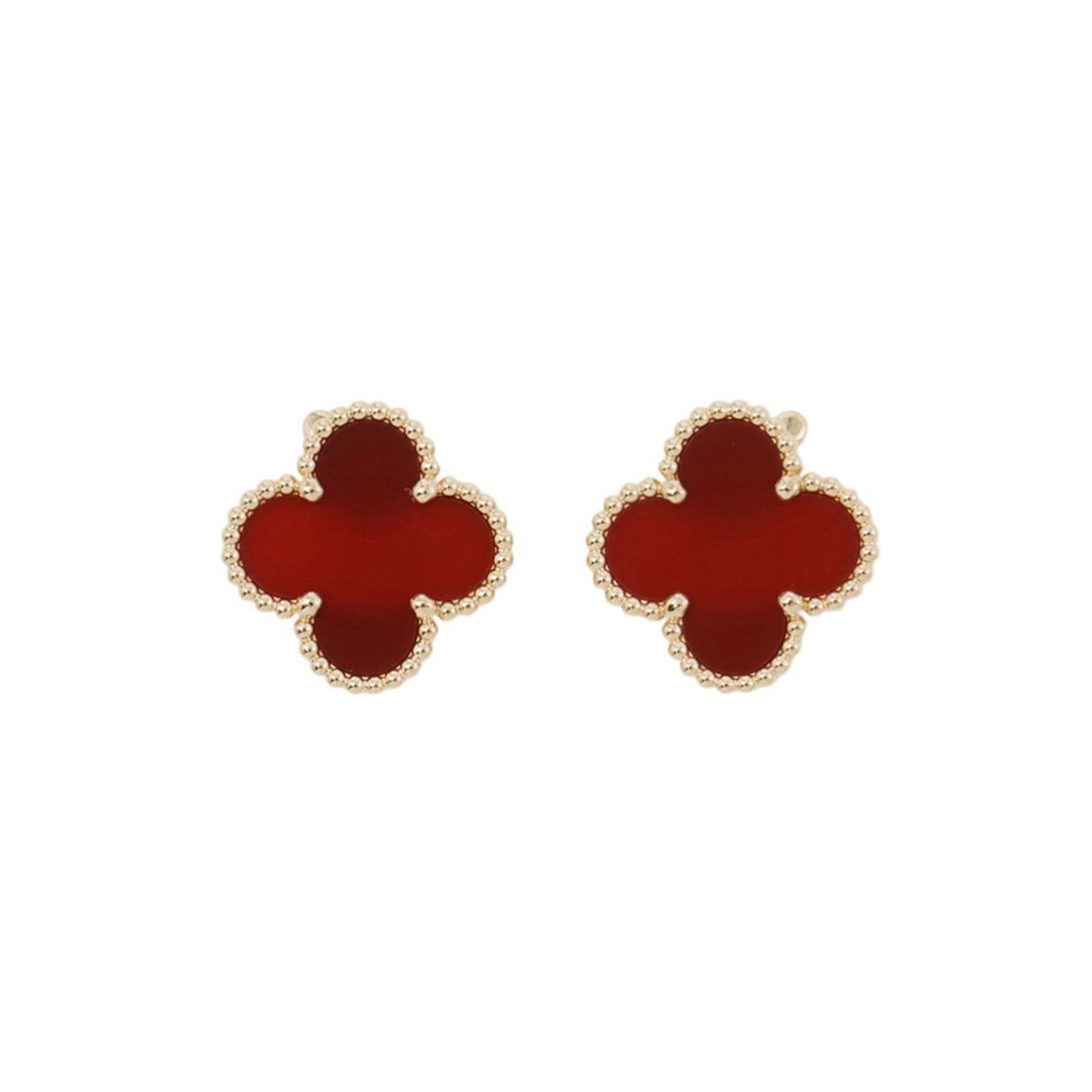 Van Cleef & Arpels 18k Yellow Gold Stud Earrings: Van Cleef & Arpels 18k Yellow Gold Stud Earrings Elevate your elegance with these exquisite Van Cleef & Arpels 18k yellow gold stud earrings, adorned with vibrant carnelian stones that add a pop of wa