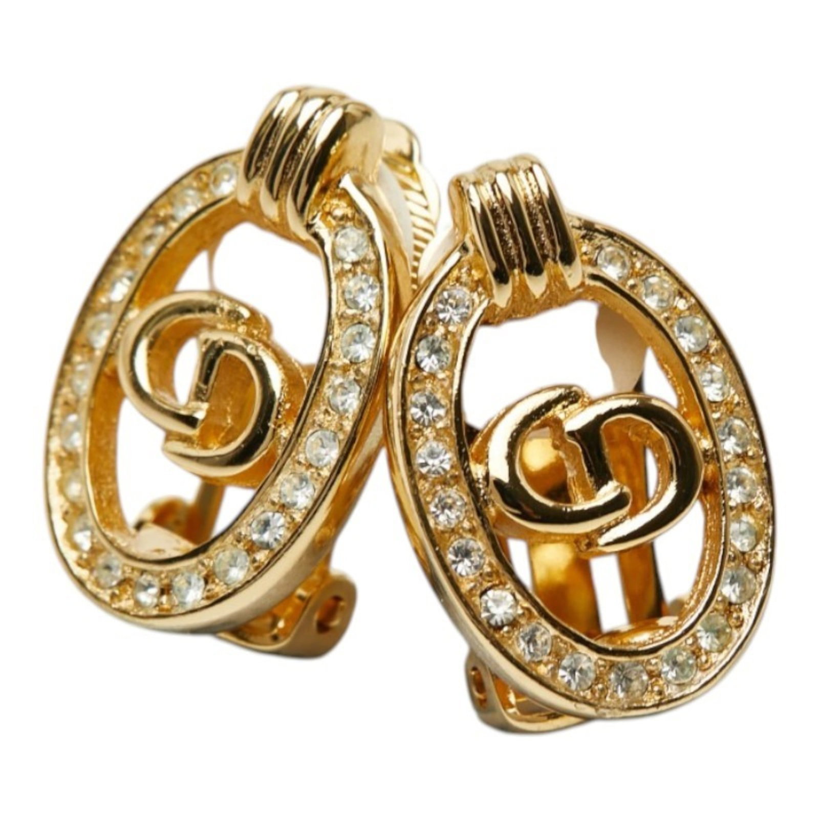 Rhinestone Christian Dior Clip Earrings: Rhinestone Christian Dior Clip Earrings Elevate your style with these stunning Rhinestone Christian Dior clip earrings, featuring intricate gold rhinestones that add a touch of luxury to any outfit. I