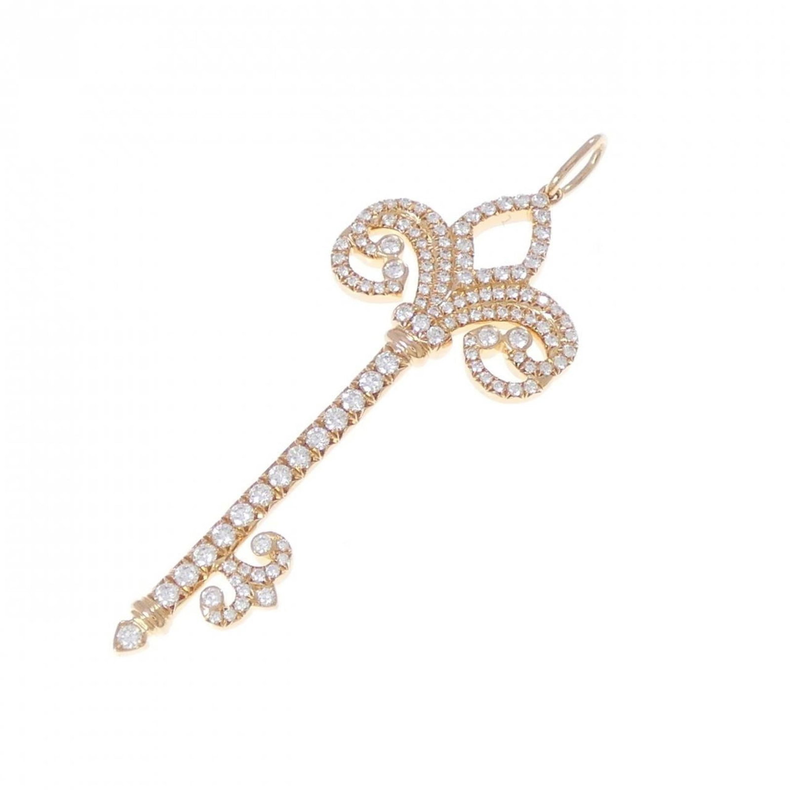 Tiffany & Co. Fleur-de-Lis Key Pendant: Tiffany & Co. Fleur-de-Lis Key Pendant A stunning Tiffany & Co. Fleur-de-Lis key pendant in 18K pink gold, adorned with a sparkling diamond, adds a touch of elegance to any outfit. The delicate filigr