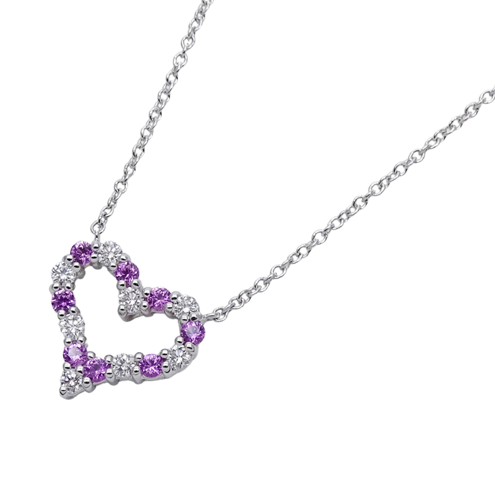 Polished - Tiffany & Co. Women's Sentimental Heart Necklace in PT950 Platinum with Diamonds and: Polished - Tiffany & Co. Women's Sentimental Heart Necklace in PT950 Platinum with Diamonds and Pink Sapphires A stunning Tiffany & Co. necklace, crafted from 950 platinum and adorned with diamonds an