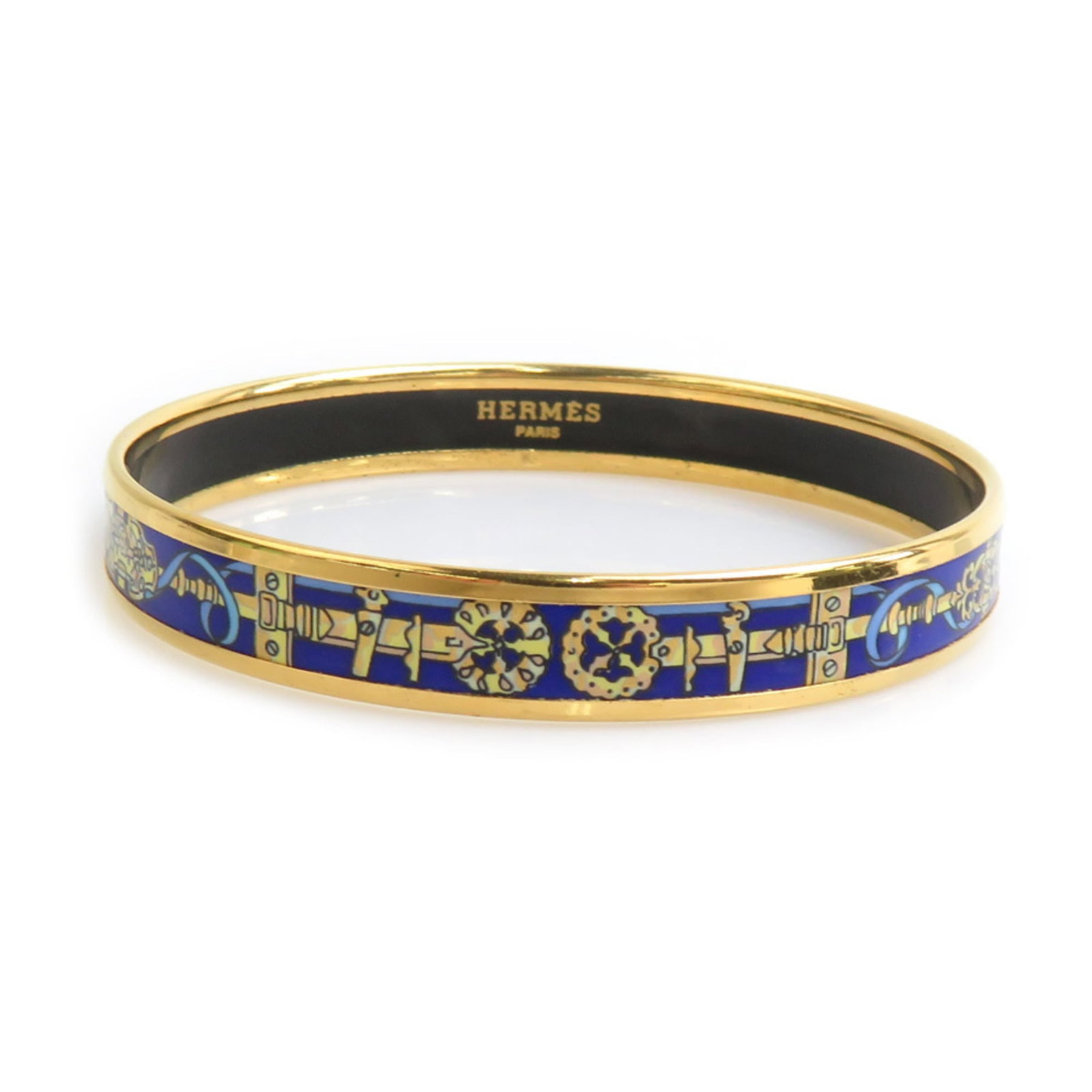 Hermes Bangle with Enamel and Metal: Hermes Bangle with Enamel and Metal A stunning Hermes bangle, adorned with vibrant blue enamel and intricate gold details, adds a touch of luxury to any outfit. With its sleek 19cm length and timeless