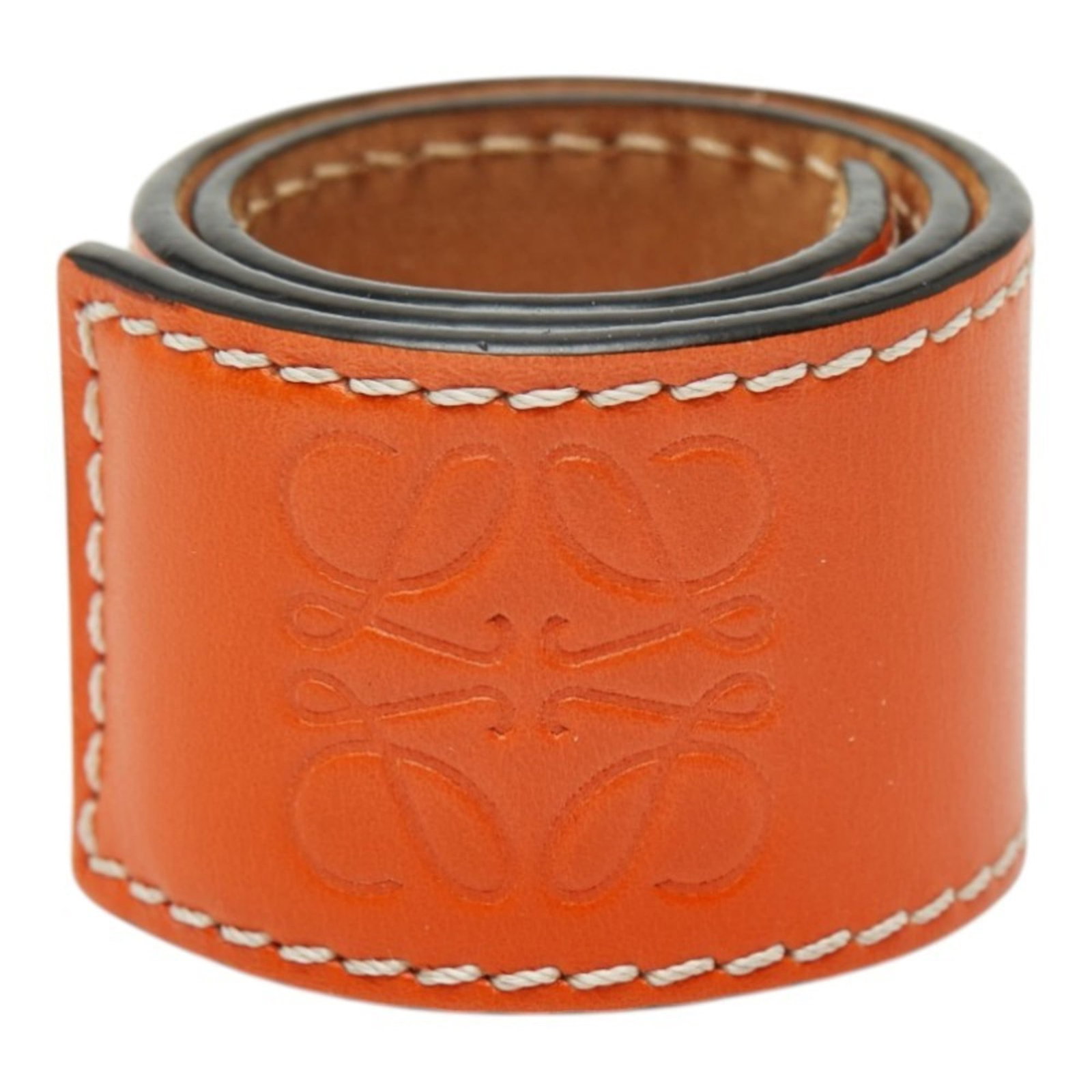 Loewe Leather Charm Bracelet: Loewe Leather Charm Bracelet A vibrant orange leather charm bracelet from iconic Spanish luxury brand Loewe, boasting a timeless design with subtle signs of wear that add to its charming character. Th