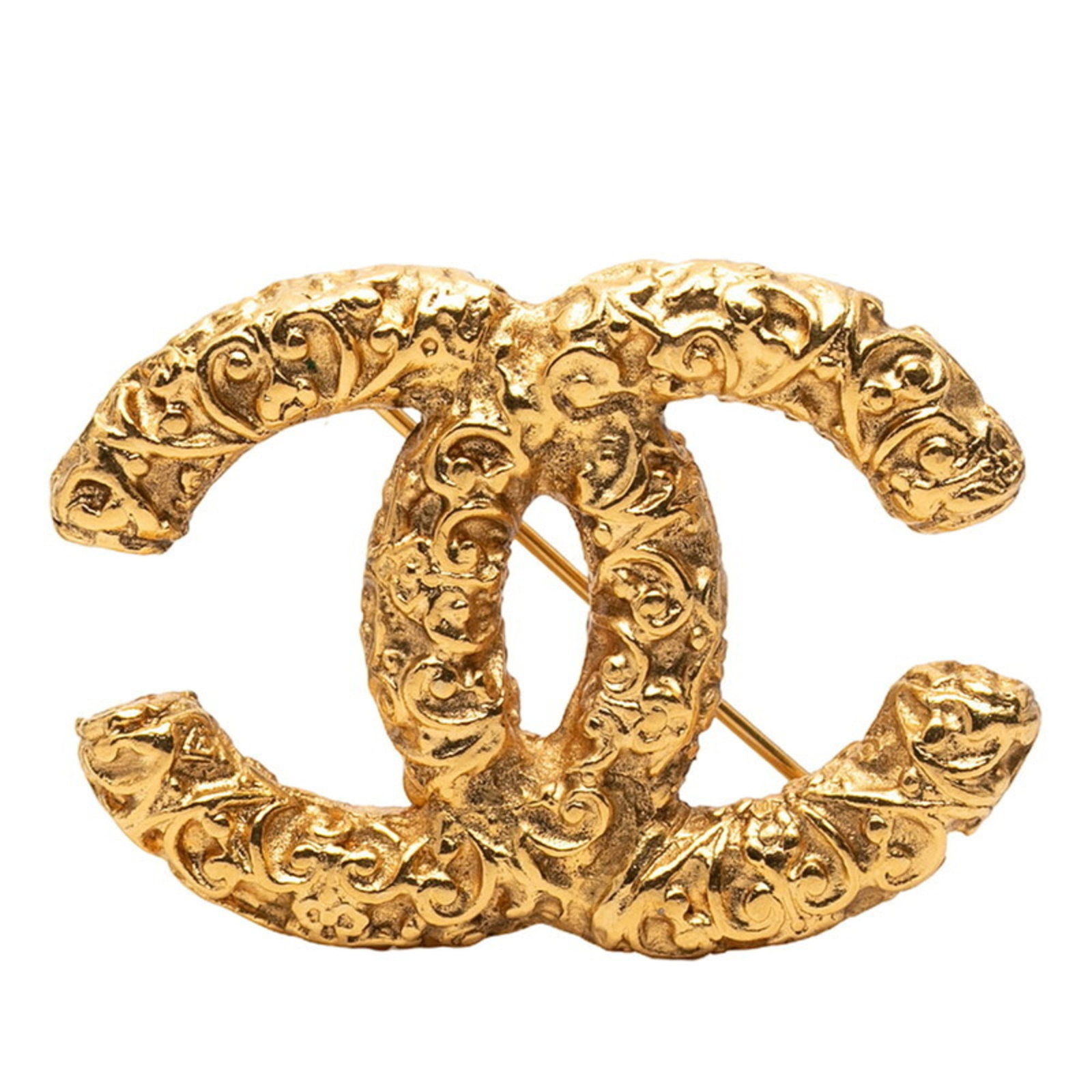 Brooch Chanel: Brooch Chanel A luxurious Chanel brooch, expertly crafted in gold, adds a touch of timeless elegance to any outfit. With its 3cm x 4.2cm size and subtle scratches from gentle wear, this pre-owned piec