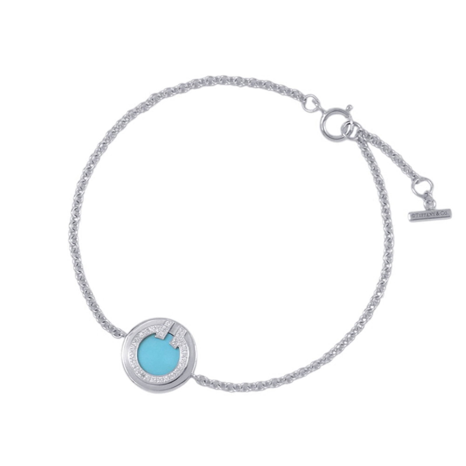 (18K) Tiffany Charm Bracelet White Gold: (18K) Tiffany Charm Bracelet White Gold Elevate your style with the iconic Tiffany charm bracelet, crafted from 18k white gold and adorned with a stunning diamond and turquoise stone combination. This