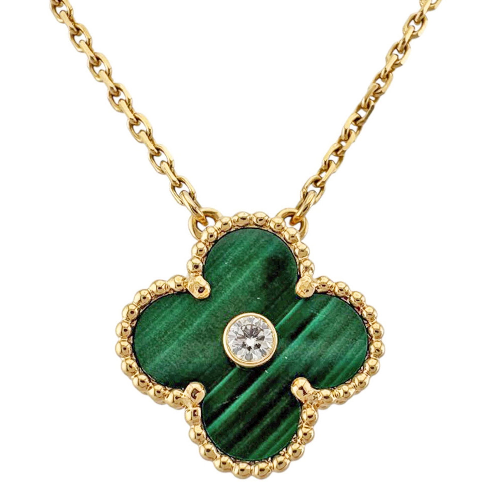 Van Cleef & Arpels Vintage Alhambra Pendant Necklace in 18k Gold with Malachite and Diamonds: Van Cleef & Arpels Vintage Alhambra Pendant Necklace in 18k Gold with Malachite and Diamonds Experience the timeless elegance of Van Cleef & Arpels with this stunning Vintage Alhambra Pendant Necklace