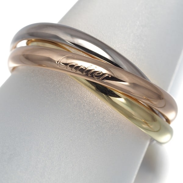 Gold Cartier Ring Trinity 3Color Sm Eu55 18K 750 Yellow White Rose: Gold Cartier Ring Trinity 3Color Sm Eu55 18K 750 Yellow White Rose A stunning multi-tone gold Cartier Trinity ring, crafted in 18k purity and originating from France, boasts a unique blend of yellow,