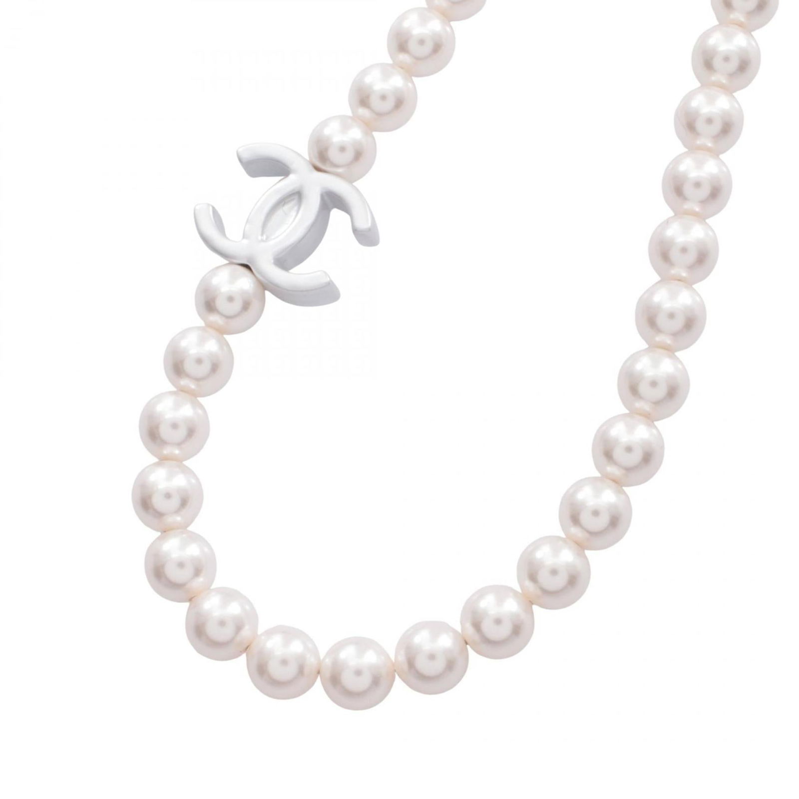 Chanel Coco Mark Necklace in Stainless Steel with Faux Pearls & Silver/ White: Chanel Coco Mark Necklace in Stainless Steel with Faux Pearls & Silver/ White Elevate your style with the iconic Chanel Coco Mark Necklace, now available at an affordable price. This stunning piece bo