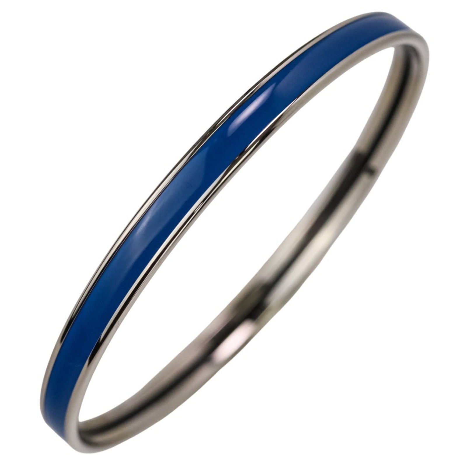 Hermes Bangle with Enamel: Hermes Bangle with Enamel A stunning Hermes bangle in vibrant blue enamel, adorned with intricate details, adds a touch of luxury to any outfit. With its sleek silver finish and slender 20.5cm length,