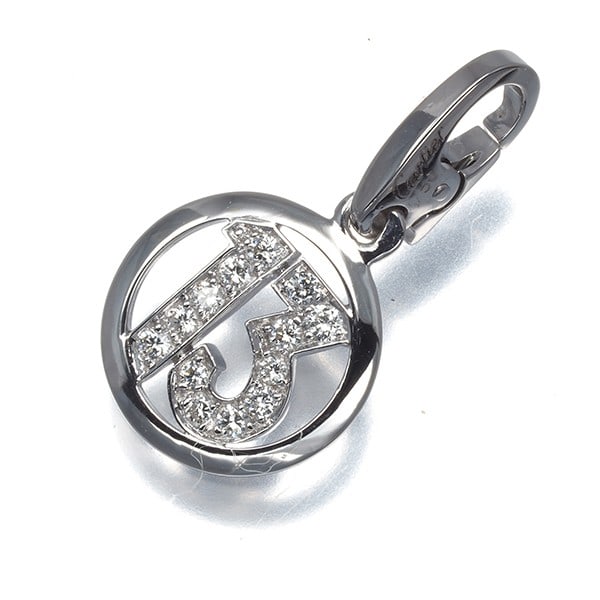 Gold Cartier Pendant Diamond Number No.13 Charm 18K 750 White: Gold Cartier Pendant Diamond Number No.13 Charm 18K 750 White A stunning Cartier charm, the Number No. 13 pendant shines with a natural diamond at its centre, set against an 18k white gold backdrop th
