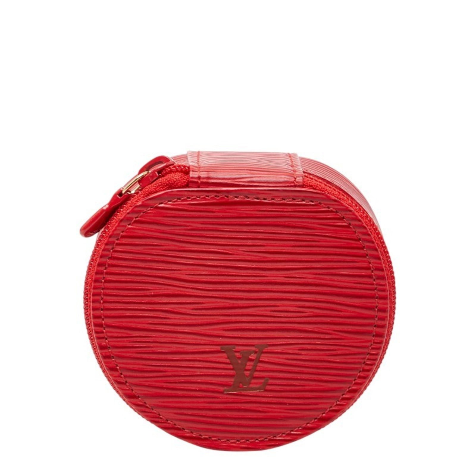 Leather Louis Vuitton Jewelry Case: Leather Louis Vuitton Jewelry Case A luxurious leather jewelry case from the iconic Louis Vuitton brand, crafted in rich Castilian Red that adds a pop of elegance to any dressing room. With its classi