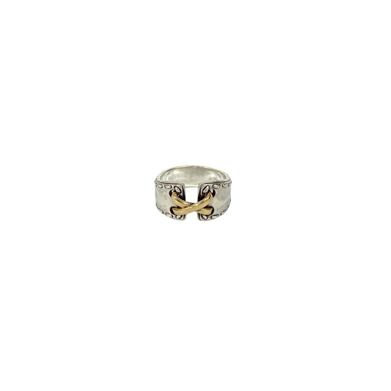 Hermes 18k Yellow Gold Silver Band Ring: Hermes 18k Yellow Gold Silver Band Ring A stunning 18k yellow gold and silver band ring from the iconic French fashion house Hermes, offering a touch of luxury and sophistication to any outfit. With i