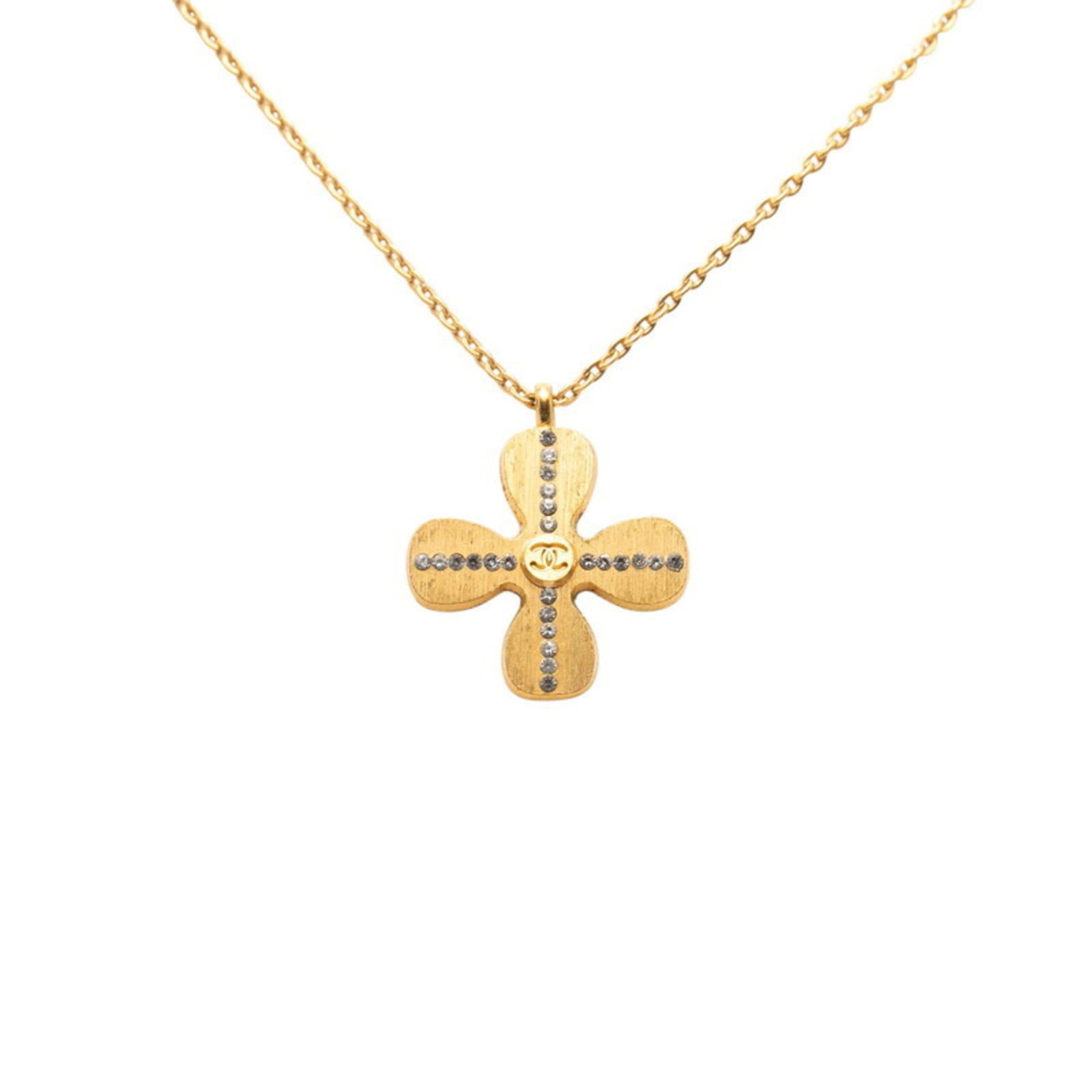 Chanel Clover Motif Coco Mark Necklace in Gold with Plated Rhinestones for Women: Chanel Clover Motif Coco Mark Necklace in Gold with Plated Rhinestones for Women Elevate your style with the iconic Chanel Clover Motif Coco Mark Necklace, boasting a timeless gold design adorned with