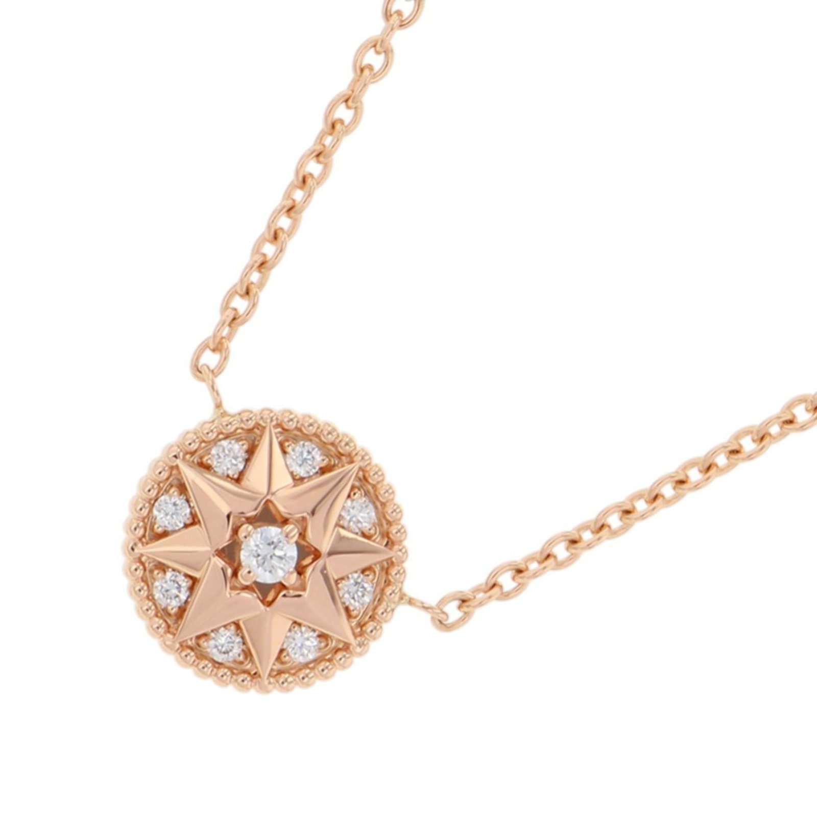 Christian Dior Rose des Vents Diamond Necklace in 18K Pink Gold: Christian Dior Rose des Vents Diamond Necklace in 18K Pink Gold Elevate your elegance with the exquisite Christian Dior Rose des Vents Diamond Necklace in 18K pink gold. This stunning piece boasts a d