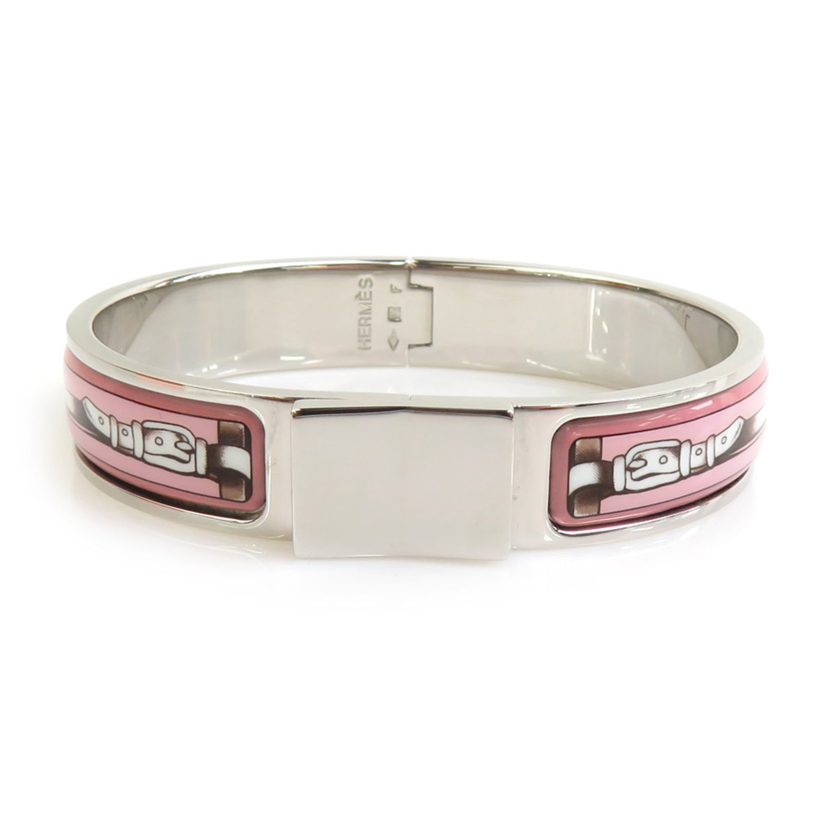 Hermes Bangle with Enamel and Metal: Hermes Bangle with Enamel and Metal A stunning Hermes bangle, adorned with vibrant pink enamel and elegant silver accents, adds a touch of luxury to any outfit. With its sleek 15.5cm length and durabl