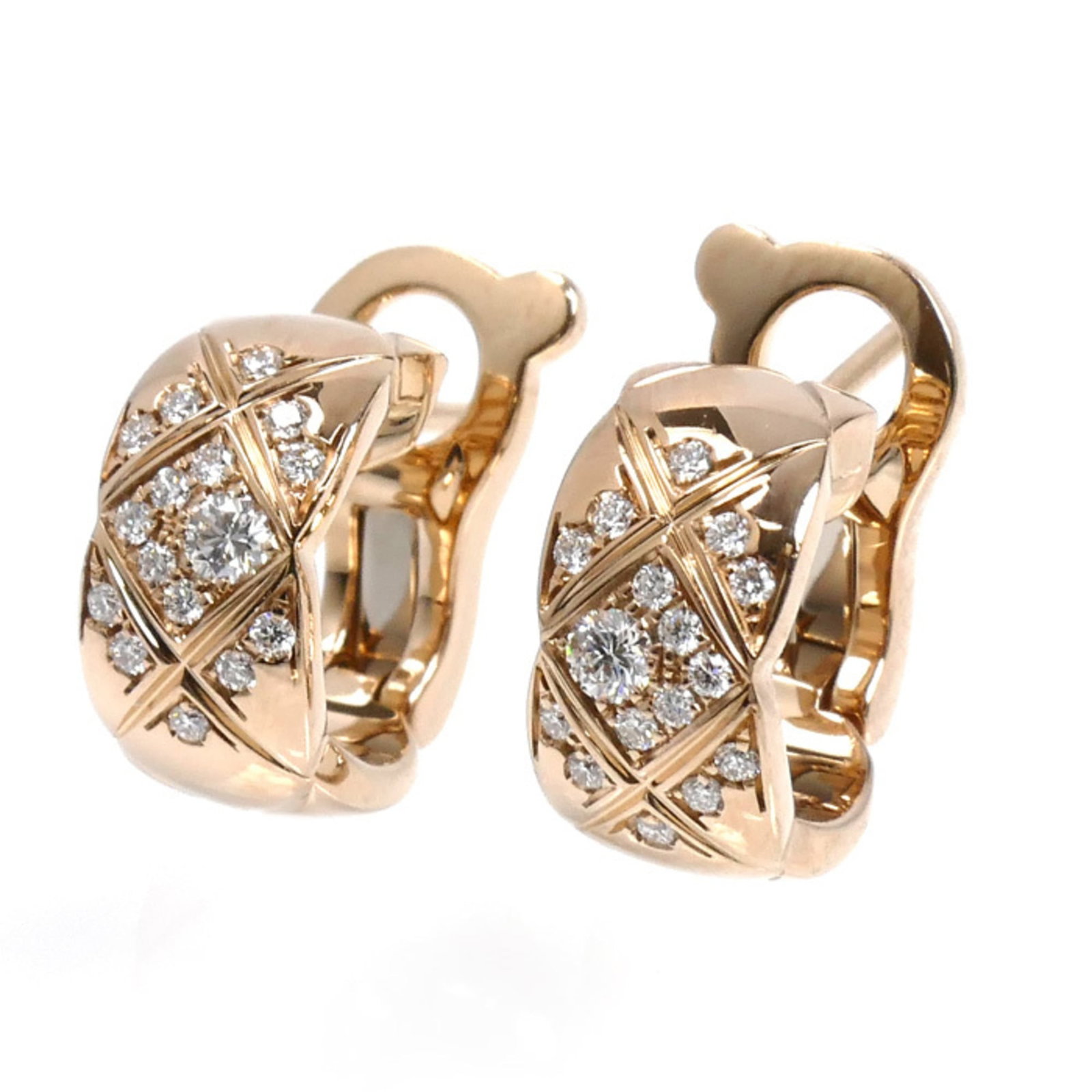 Pink Gold 18K Chanel Stud Earrings: Pink Gold 18K Chanel Stud Earrings Elevate your elegance with these stunning Pink Gold 18K Chanel stud earrings, boasting a sleek and sophisticated design that exudes luxury. Featuring a beautiful dia