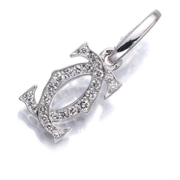 Cartier 18k White Gold Double C Pendant with Diamond 2C Charm: Cartier 18k White Gold Double C Pendant with Diamond 2C Charm Elevate your style with the iconic Double C de Cartier pendant, crafted from 18k white gold and adorned with a natural diamond charm. This
