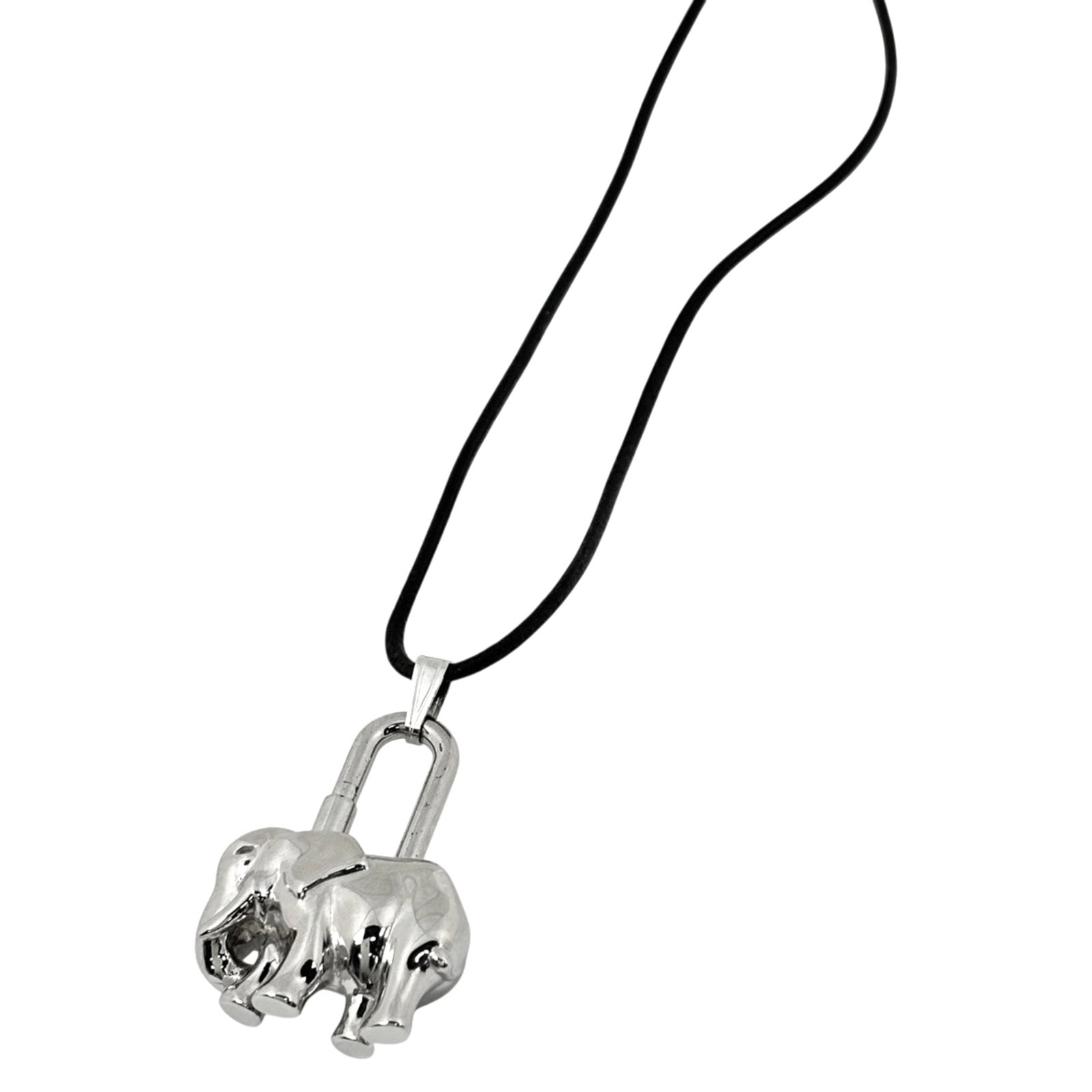 Women's - Hermes Herms Elephant Motif Necklace with Padlock - Metal - Leather - Silver - Black: Women's - Hermes Herms Elephant Motif Necklace with Padlock - Metal - Leather - Silver - Black Elevate your style with the iconic Hermes Elephant Motif Necklace, boasting a sleek silver padlock pendan