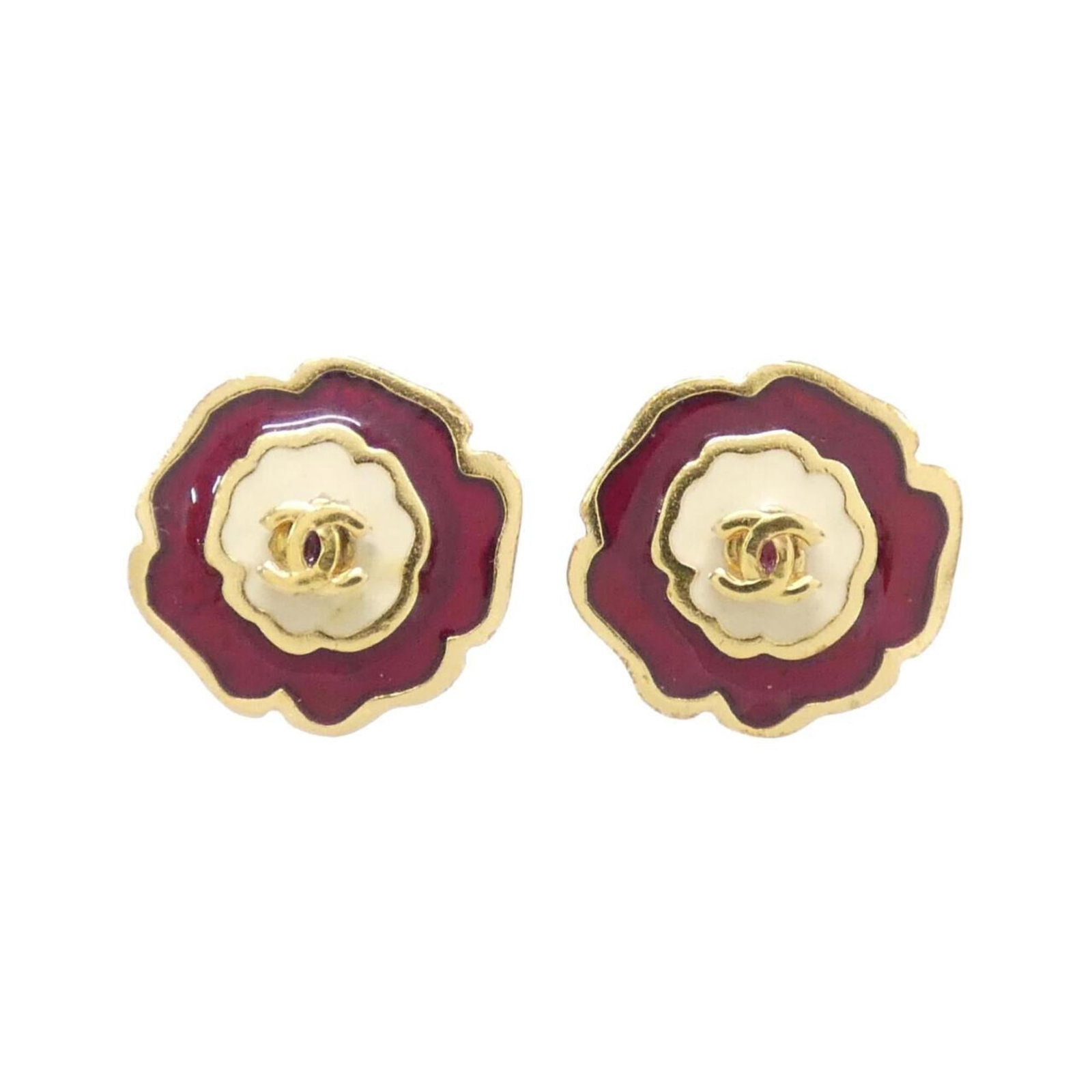Earrings Chanel Stud: Earrings Chanel Stud Authentic Chanel stud earrings in gold, red, and white - a timeless combination that exudes elegance. With their classic design and high-quality construction, these earrings are