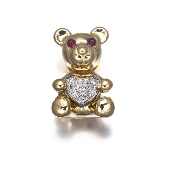 Gold Waltham Brooch Diamond 0.05Ct Ruby Swing Bear 18K 750 Yellow White: Gold Waltham Brooch Diamond 0.05Ct Ruby Swing Bear 18K 750 Yellow White A stunning 18k yellow gold brooch adorned with a natural diamond and a vibrant 0.05ct ruby, set against the elegant swing of a b