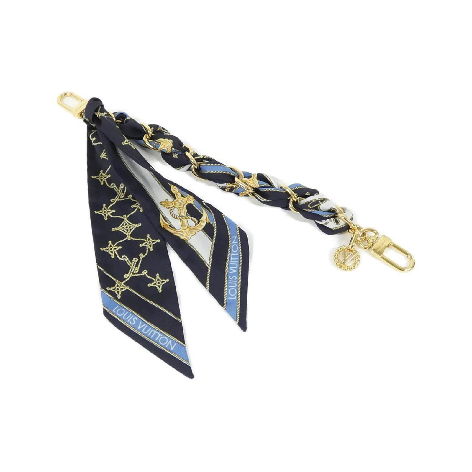 Louis Vuitton Silk Handbag Charm: Louis Vuitton Silk Handbag Charm Elevate your style with the iconic Louis Vuitton silk handbag charm, boasting a sleek blue hue and durable chain length of 330mm. This luxurious accessory is crafted