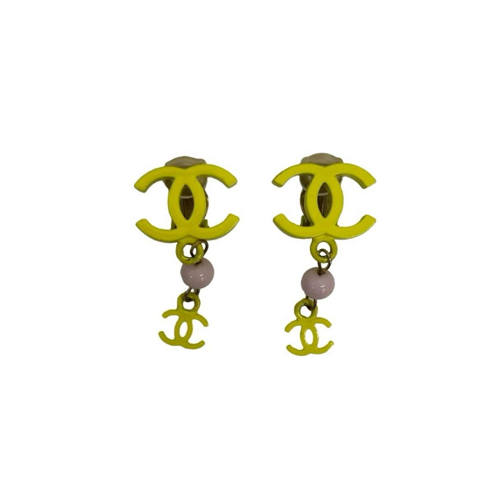 Plastic - Chanel Clip Earrings Gold Plating: Plastic - Chanel Clip Earrings Gold Plating Add a touch of timeless elegance to your outfit with these authentic Chanel clip earrings, featuring gold plating and a sleek plastic design in a vibrant pi