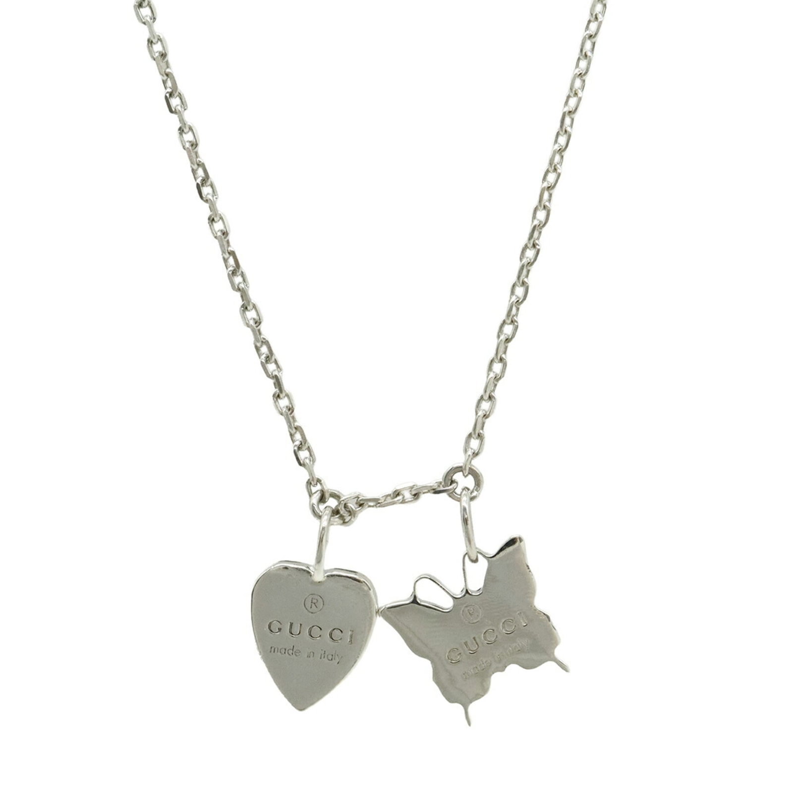 Gucci Butterfly & Heart Motif Necklace Pendant Chain in Ag925 & SV925 Silver: Gucci Butterfly & Heart Motif Necklace Pendant Chain in Ag925 & SV925 Silver Elevate your style with the iconic Gucci Butterfly & Heart Motif Necklace Pendant Chain, crafted from sterling silver 925 a
