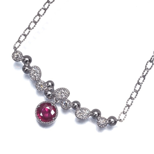 Platinum Milgrain Necklace with 0.30ct Ruby and 0.10ct Diamond: Platinum Milgrain Necklace with 0.30ct Ruby and 0.10ct Diamond Elevate your style with this exquisite platinum milgrain necklace, showcasing a stunning 0.30ct natural ruby at its center, surrounded by