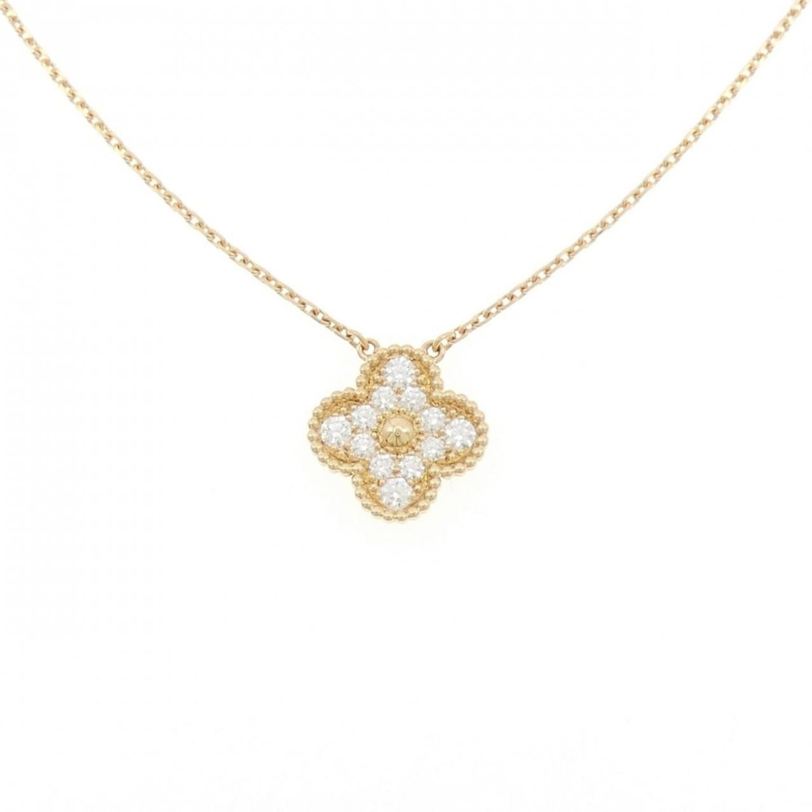 Necklace Van Cleef & Arpels Vintage Alhambra: Necklace Van Cleef & Arpels Vintage Alhambra A stunning vintage Alhambra necklace from Van Cleef & Arpels, this 18K yellow gold piece boasts a beautiful diamond pendant set against a delicate chain. W