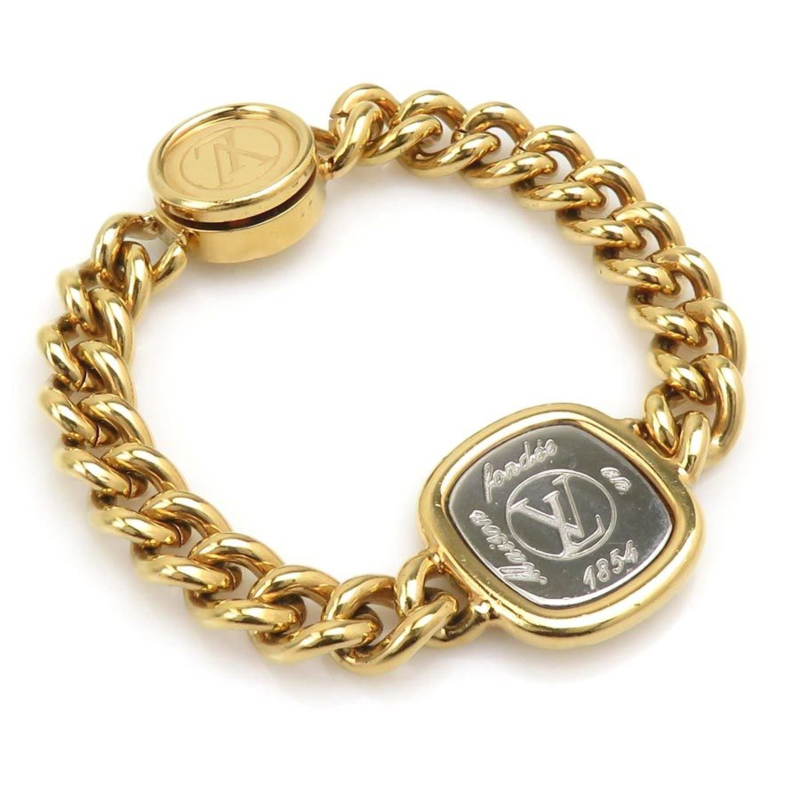 Louis Vuitton Charm Metal Bracelet: Louis Vuitton Charm Metal Bracelet Add a touch of luxury to your everyday style with this stunning Louis Vuitton charm metal bracelet, featuring the iconic LV monogram in gold and silver tones. With i