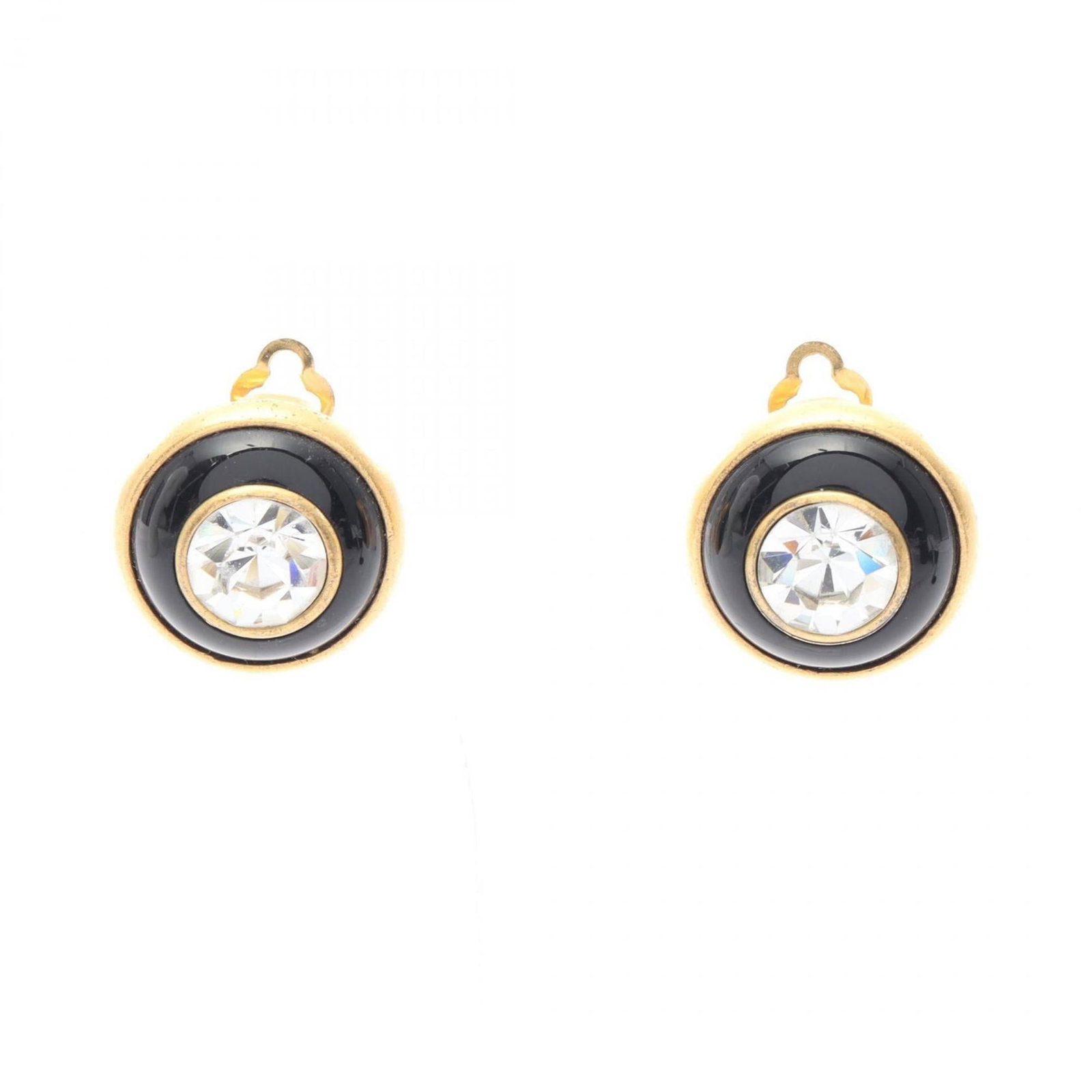 Chanel Clip Earrings in Gold Plating: Chanel Clip Earrings in Gold Plating Elevate your everyday style with these stunning Chanel clip earrings in gold plating, adorned with intricate details and a touch of luxury. The rhinestone accents