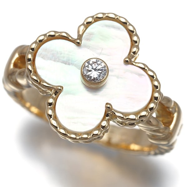 Yg Van Cleef & Arpels Ring Mother Of Pearl Diamond Us5.5-5.75 18K: Yg Van Cleef & Arpels Ring Mother Of Pearl Diamond Us5.5-5.75 18K A stunning vintage Alhambra ring from Van Cleef & Arpels, set with a luminous mother of pearl stone in 18k yellow gold, exudes timeles