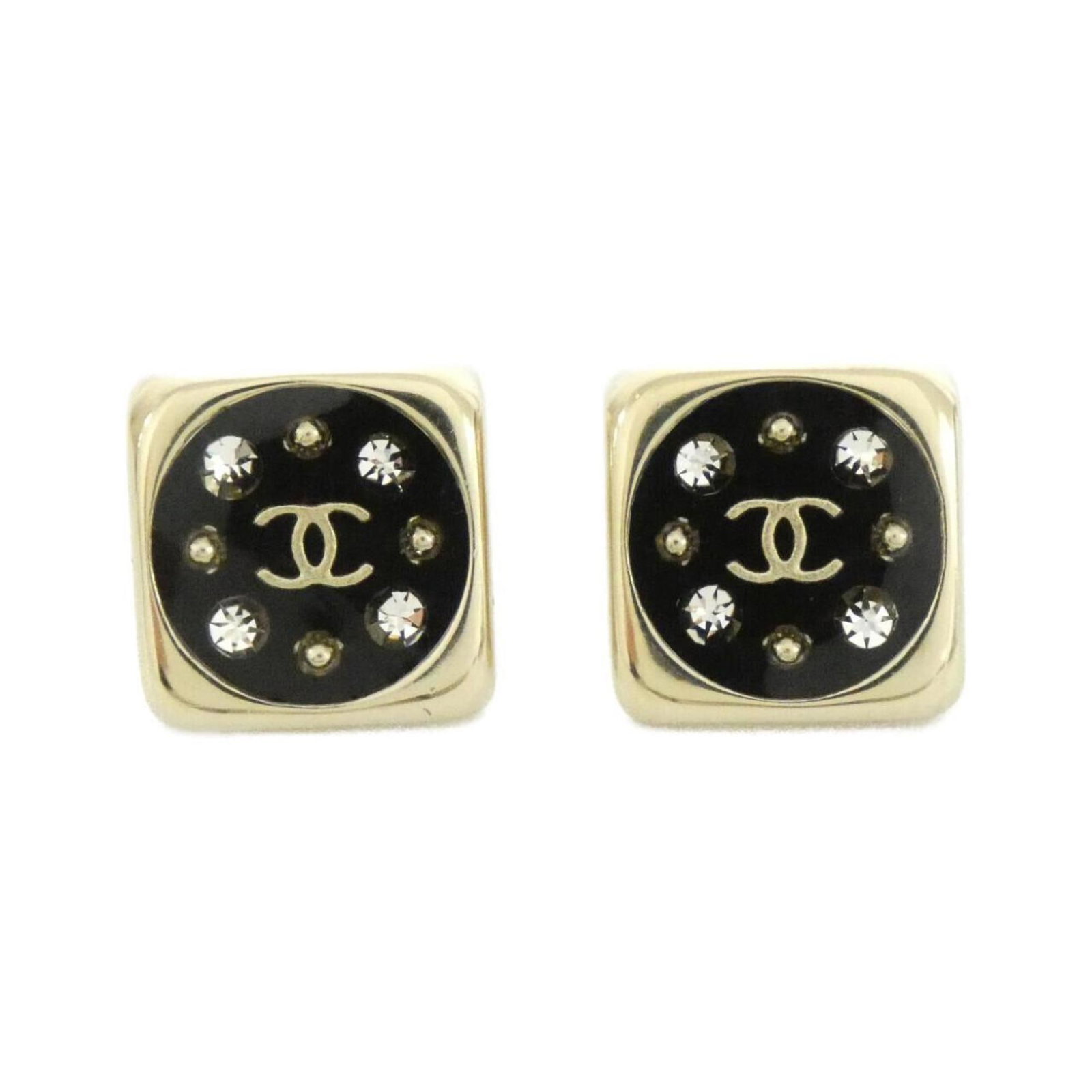 Earrings Chanel Stud: Earrings Chanel Stud Authentic Chanel stud earrings in sleek black and gold, adorned with crystal accents that add a touch of sophistication to any outfit. With their classic design and high-quality m