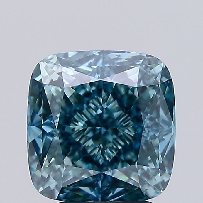 Loose Lab Diamond - IGI Cushion Modified 3.12ct Fancy Vivid Green Blue VVS2: Loose Lab Diamond - IGI Cushion Modified 3.12ct Fancy Vivid Green Blue VVS2 A truly unique gem, this 3.12ct Fancy Vivid Green Blue lab diamond boasts an exceptional VVS2 clarity and EX polish, giving 