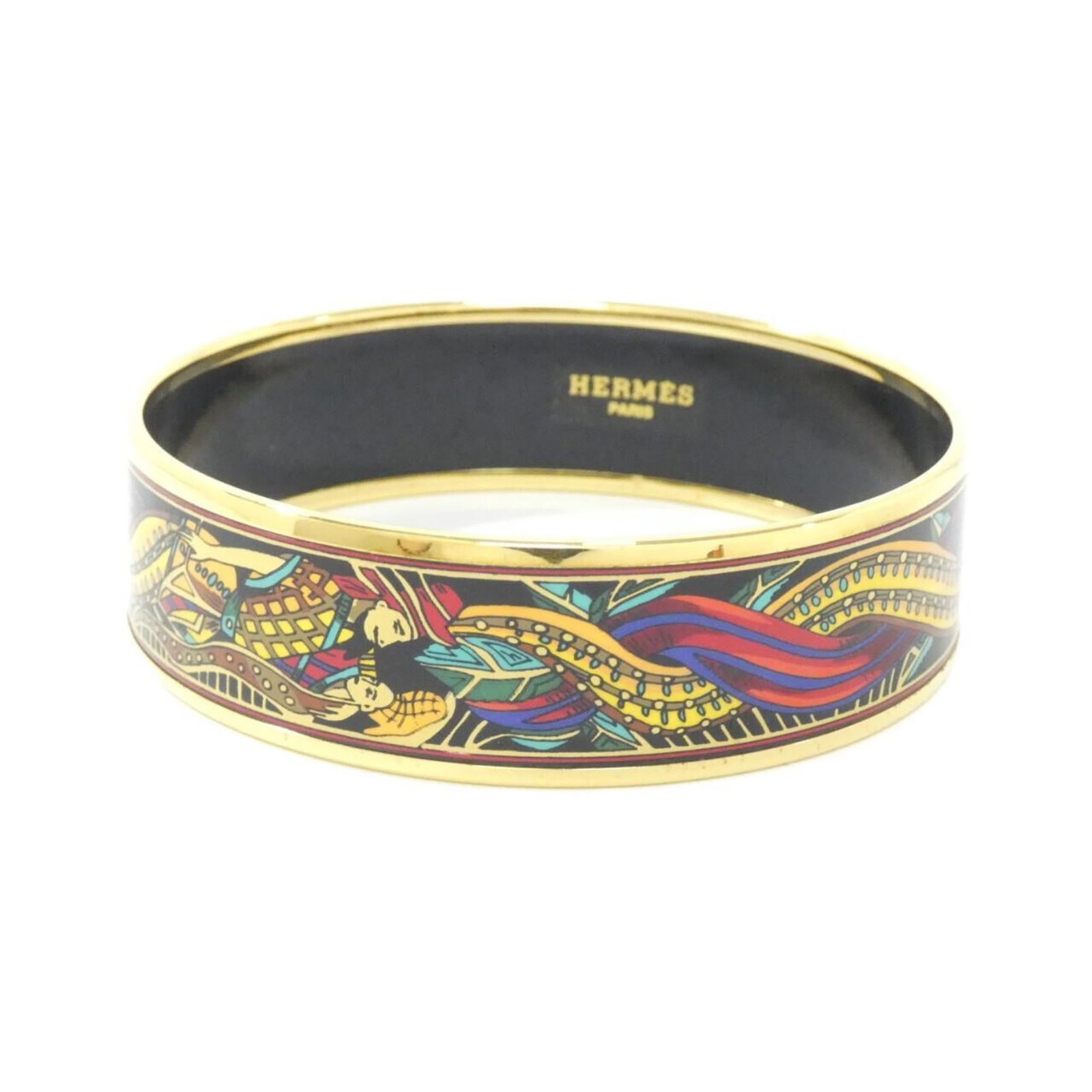 Bangle Hermes: Bangle Hermes A pre-owned Hermes bangle in excellent condition, boasting sleek black and gold details that exude timeless elegance. With its 21cm length and multi-color design, this versatile accessor