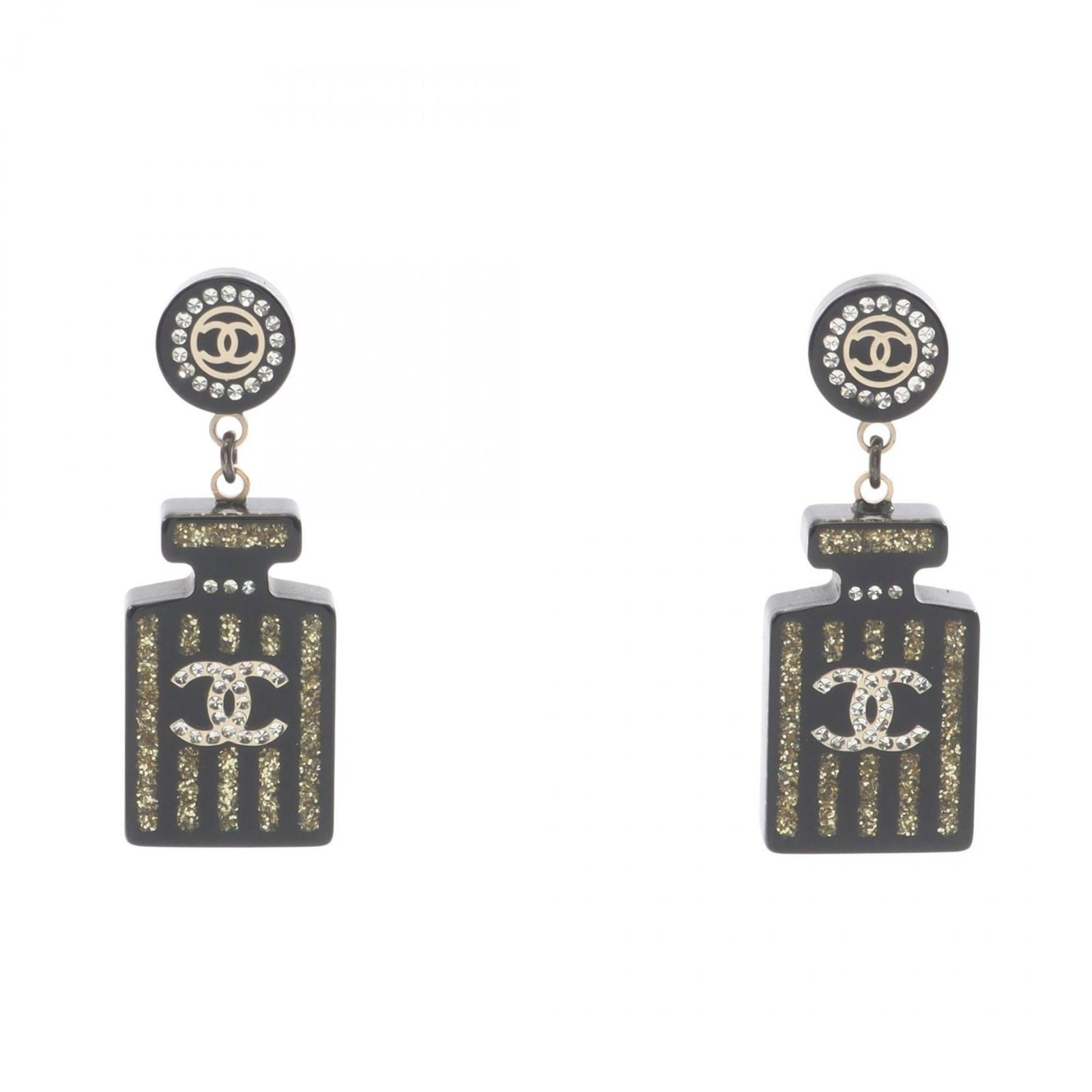 Chanel Stud Earrings - Plastic: Chanel Stud Earrings - Plastic Add a touch of timeless elegance to your outfit with these authentic Chanel stud earrings, boasting sleek black and gold details and sparkling rhinestones that catch the
