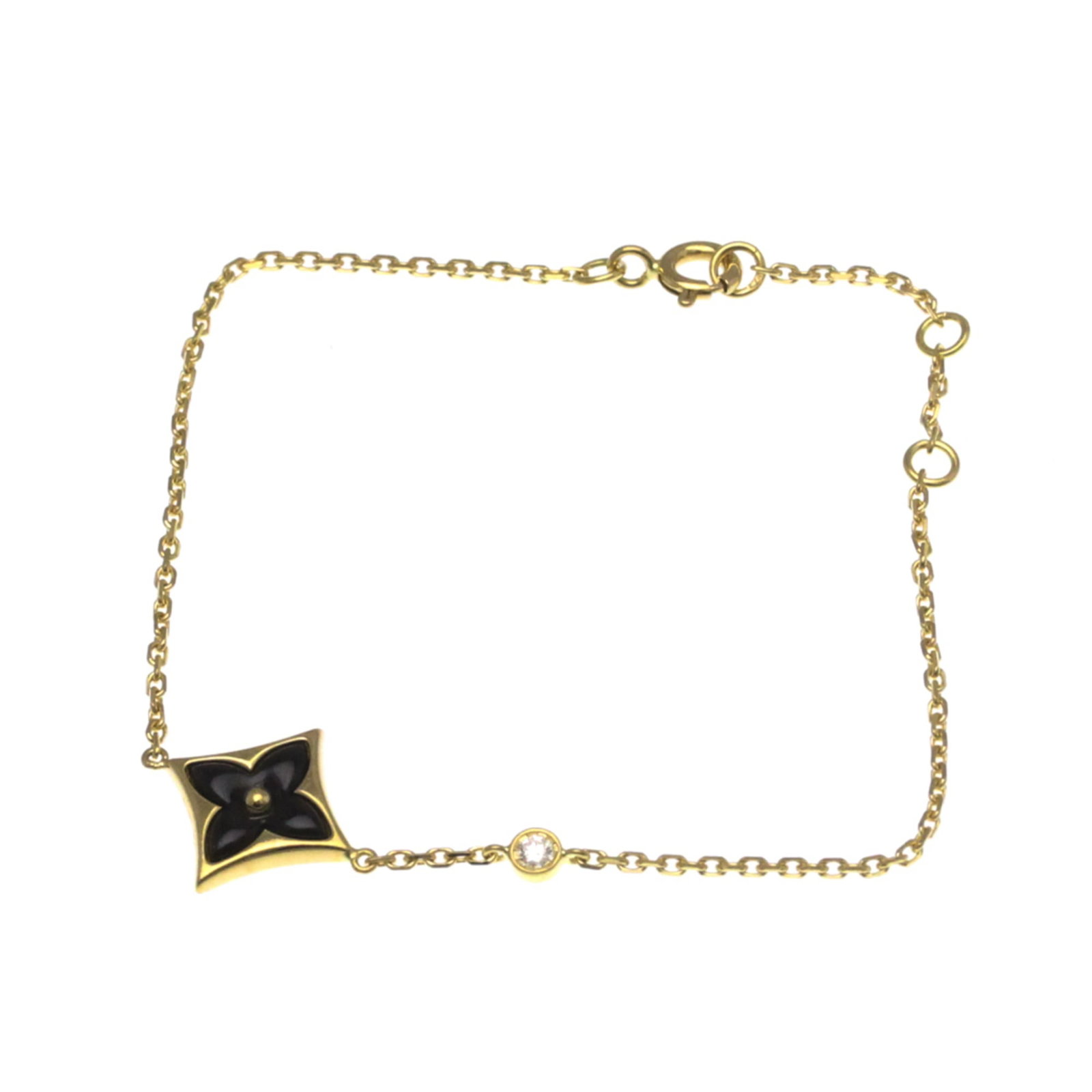 Louis Vuitton 18K Yellow Gold Charm Bracelet: Louis Vuitton 18K Yellow Gold Charm Bracelet Elevate your style with the iconic Louis Vuitton charm bracelet, crafted from 18K yellow gold and adorned with a stunning onyx stone surrounded by a delica