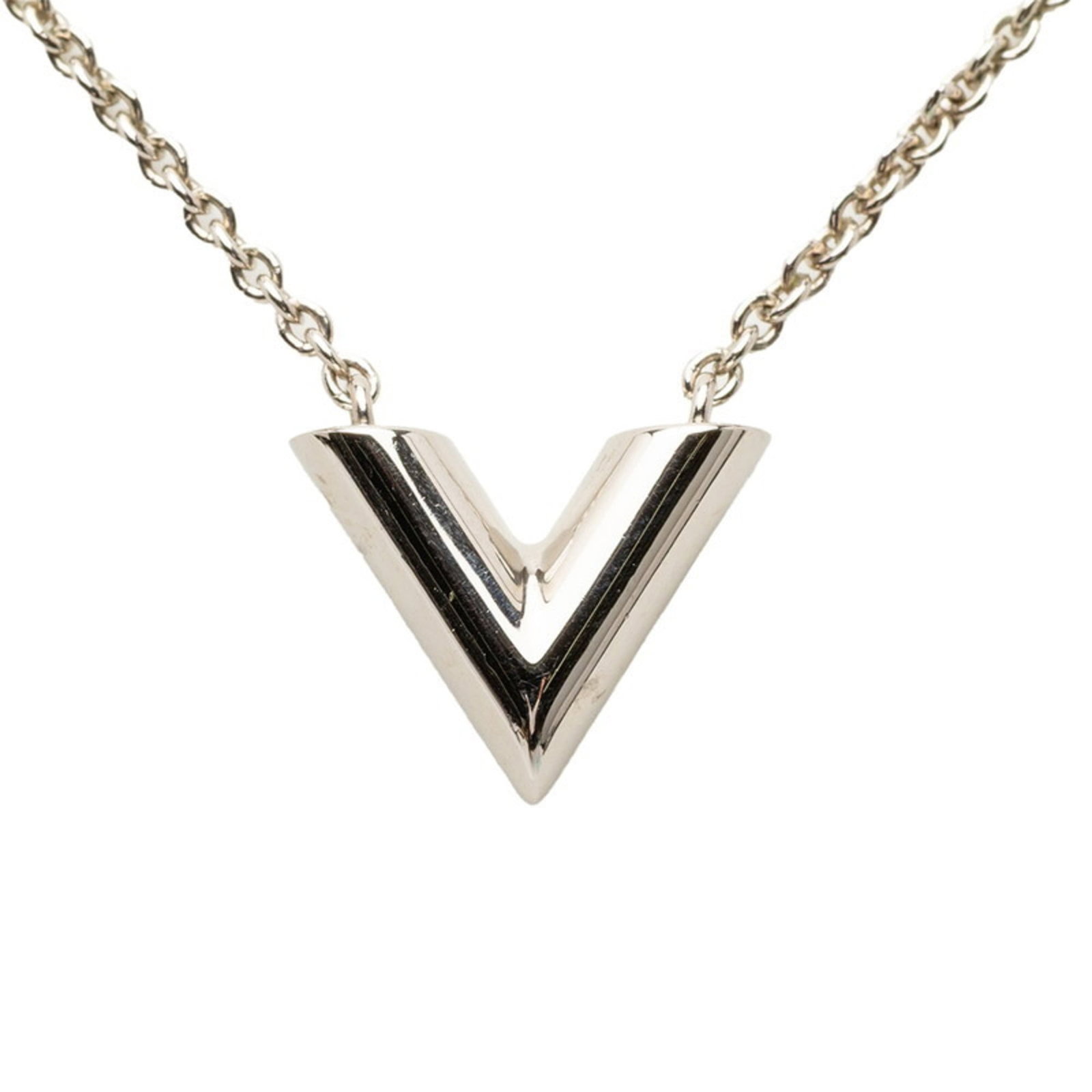 Louis Vuitton Essential V Pendant Necklace in Silver for Women - M63197: Louis Vuitton Essential V Pendant Necklace in Silver for Women - M63197 Elevate your everyday style with the iconic Louis Vuitton Essential V Pendant Necklace in silver, featuring a sleek and modern d