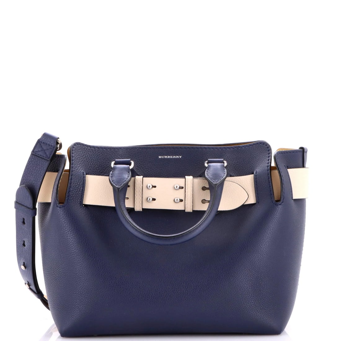 Burberry Medium Leather Tote Belt: Burberry Medium Leather Tote Belt A classic Burberry tote belt, this medium leather accessory is perfect for adding a touch of timeless sophistication to any outfit. With its sturdy blue exterior and