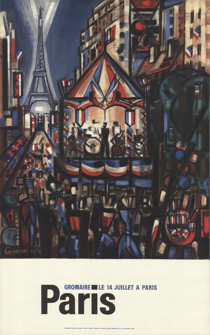 Multicolo MARCEL GROMAIRE Paris July 14th 38.5" x 24" Lithograph 1964 Modernism: Multicolo MARCEL GROMAIRE Paris July 14th 38.5" x 24" Lithograph 1964 Modernism Experience the iconic city of Paris in 1960s modernism with Marcel Gromaire's lithograph, "Paris, July 14th". Created in