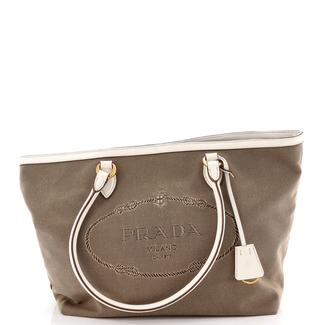 Prada Medium Canvas Open Tote: Prada Medium Canvas Open Tote A timeless and versatile Prada tote, the Medium Canvas Open Tote is a chic and practical accessory for everyday life. With its classic brown exterior and gold hardware, t