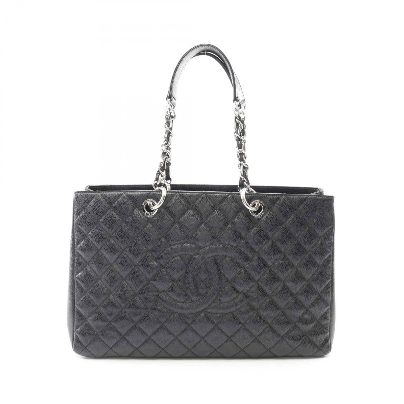 Chanel Tote Bag in Grained Calfskin: Chanel Tote Bag in Grained Calfskin A timeless Chanel tote in exquisite grained calfskin, this classic bag exudes sophistication and elegance with its sleek silver hardware and understated black finis