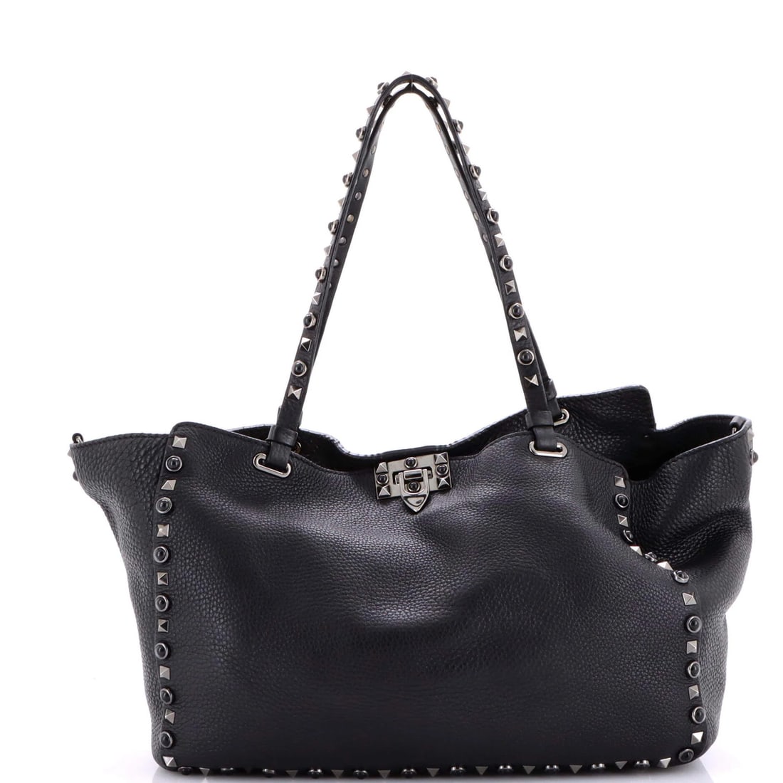 Valentino Garavani Rockstud Pebbled Leather Medium Tote: Valentino Garavani Rockstud Pebbled Leather Medium Tote Elevate your style with the iconic Valentino Garavani Rockstud Pebbled Leather Medium Tote, boasting sleek black pebbled leather exterior and lu