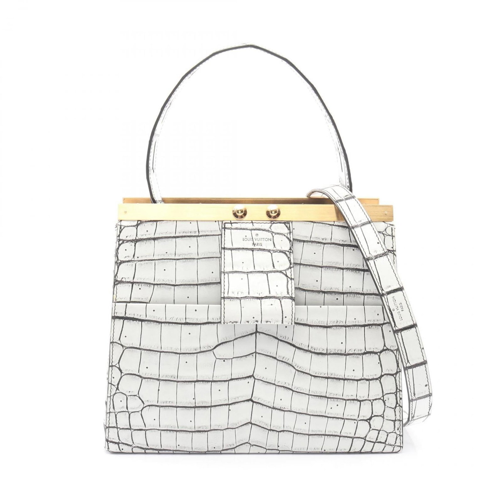 Louis Vuitton Leather Handbag: Louis Vuitton Leather Handbag A stunning white leather Louis Vuitton handbag, boasting the iconic monogram pattern and timeless design that exudes luxury. With its classic size and versatile shape, th
