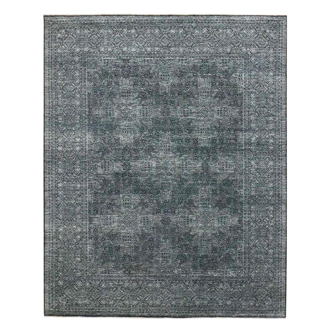 Rug 8'2"x10'2" Black Wool and Silk Intricate Star Design Hand Knotted: Rug 8'2"x10'2" Black Wool and Silk Intricate Star Design Hand Knotted Experience the rich beauty of India's traditional craftsmanship in this stunning 8'2"x10'2" black wool and silk hand-knotted rug,