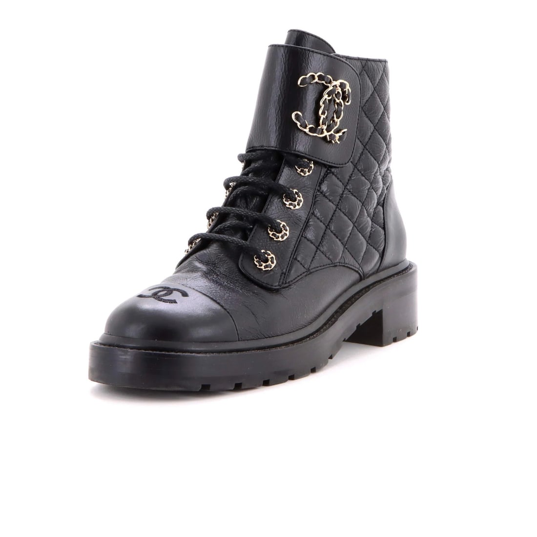 Calfskin Chanel Women's Chain CC Cap Toe Lace Up Combat Boots Quilted Shiny: Calfskin Chanel Women's Chain CC Cap Toe Lace Up Combat Boots Quilted Shiny Elevate your style with the iconic Chanel Women's Chain CC Cap Toe Lace Up Combat Boots, crafted from premium calfskin
