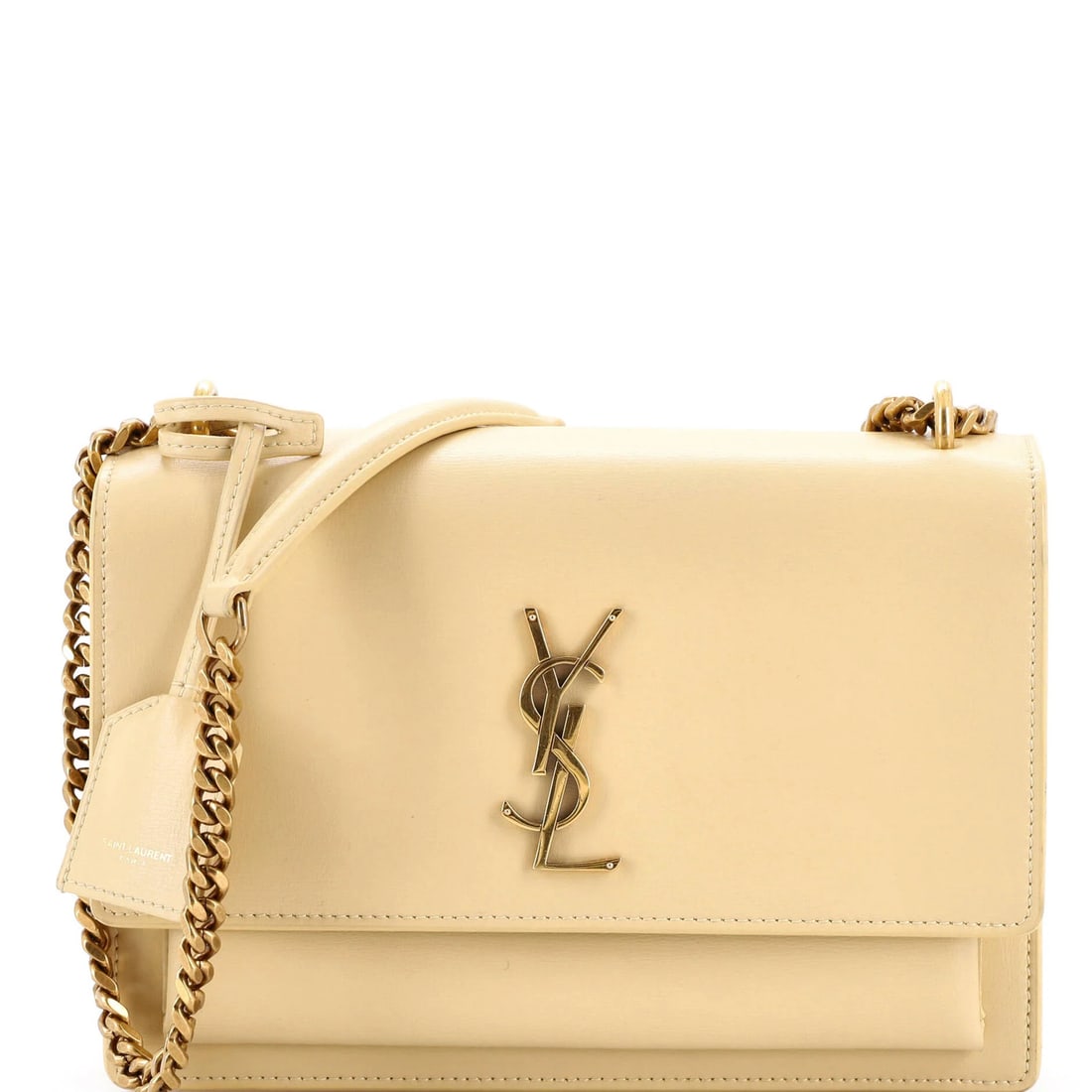 Medium Saint Laurent Sunset Crossbody Bag Leather: Medium Saint Laurent Sunset Crossbody Bag Leather Elevate your everyday with the iconic Saint Laurent Sunset Crossbody Bag, boasting a vibrant yellow exterior that adds a pop of sunshine to any