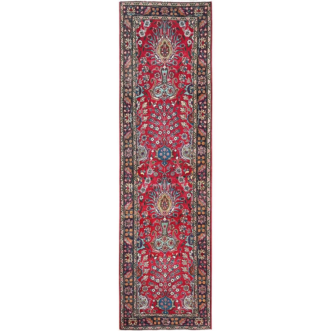 Runner 2'8"x10' Red Vintage Zoroastrian Tebraz Vase Design Hand Knotted Wool: Runner 2'8"x10' Red Vintage Zoroastrian Tebraz Vase Design Hand Knotted Wool Experience the rich cultural heritage of Turkey with this stunning 1950s vintage tebraz vase, hand knotted in vibrant red w