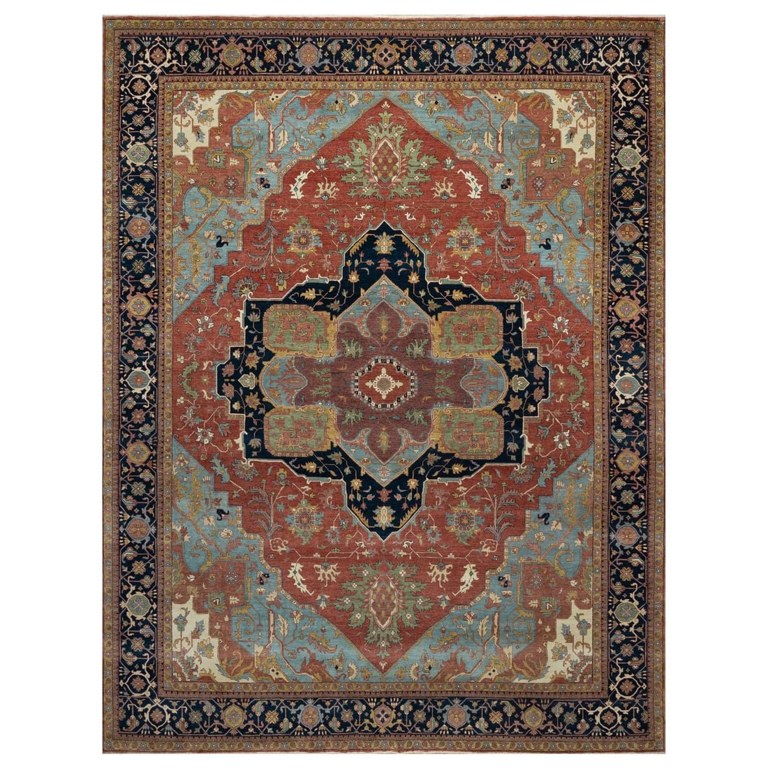 Rug 11'9"x15'4" Red Antiqued Fine Heris Hand Knotted Pure Wool Oversized: Rug 11'9"x15'4" Red Antiqued Fine Heris Hand Knotted Pure Wool Oversized Experience the rich beauty of Indian craftsmanship with this stunning, hand-knotted Heris-style rug from India, boasting an imp