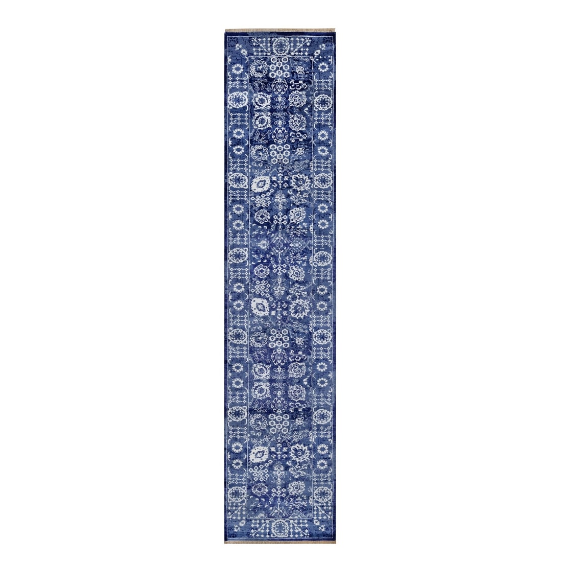 Blue Hand-Knotted Tebraz Wool & Silk Runner Rug (2'7"x11'10"): Blue Hand-Knotted Tebraz Wool & Silk Runner Rug (2'7"x11'10") Experience the rich beauty of India with this stunning Blue Hand-Knotted Tebraz Wool & Silk Runner Rug, expertly crafted from the finest w
