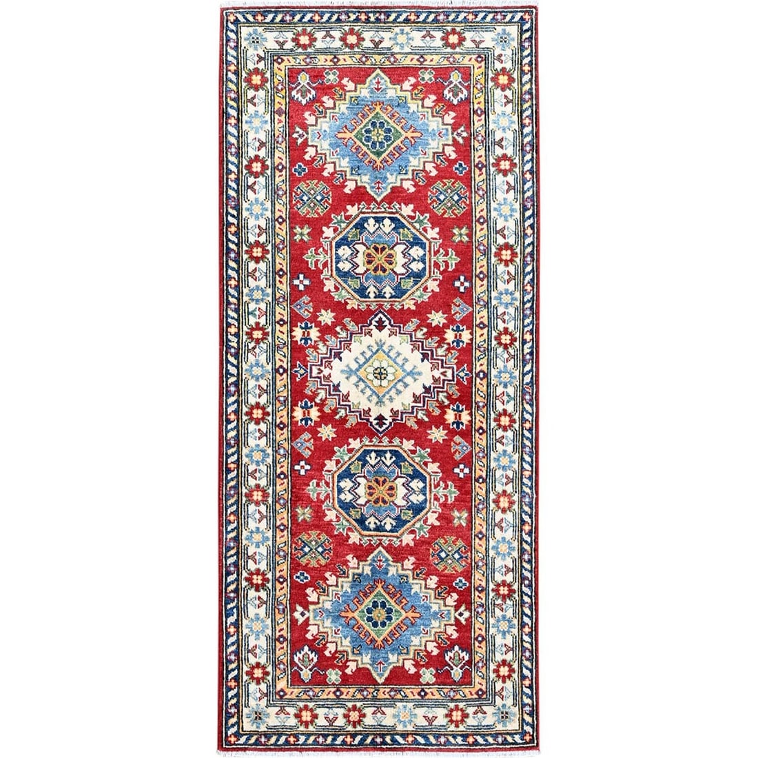 Red Kazak Runner Rug, 2'9"x6'4", Hand-Knotted Soft Wool with Medallion Design: Red Kazak Runner Rug, 2'9"x6'4", Hand-Knotted Soft Wool with Medallion Design Experience the rich beauty of traditional Afghan craftsmanship with this stunning Red Kazak Runner Rug, hand-knotted from